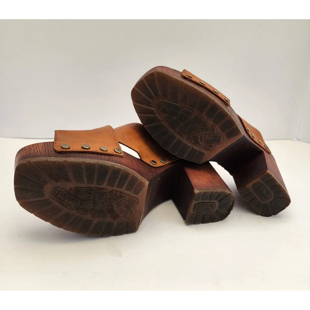 Korks Tan Crossover Studded Platform Clog Sandals Wood Block Heel Retro Boho Sz6